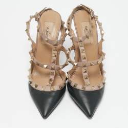 Valentino Black/Old Rose Leather Rockstud Ankle Strap Pumps Size 37