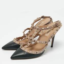 Valentino Black/Old Rose Leather Rockstud Ankle Strap Pumps Size 37