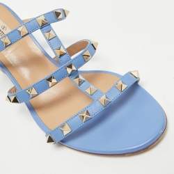 Pre Owned Valentino Blue Leather Rockstud Slide Sandals Size 40