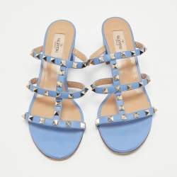 Pre Owned Valentino Blue Leather Rockstud Slide Sandals Size 40