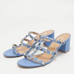 Pre Owned Valentino Blue Leather Rockstud Slide Sandals Size 40
