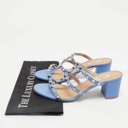 Pre Owned Valentino Blue Leather Rockstud Slide Sandals Size 40