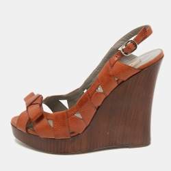 Valentino Brown Leather Bow Wedge Sandals Size 39