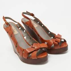 Valentino Brown Leather Bow Wedge Sandals Size 39