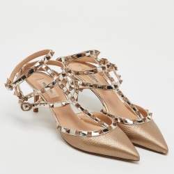 Valentino Metallic Leather Rockstud Caged Ankle Strap Pumps Size 40