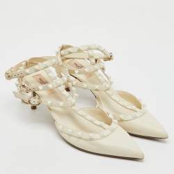 Valentino White Leather Rockstud Caged Ankle Strap Pumps Size 40
