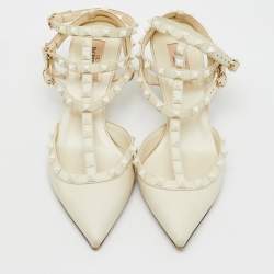 Valentino White Leather Rockstud Caged Ankle Strap Pumps Size 40