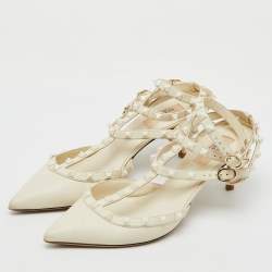 Valentino White Leather Rockstud Caged Ankle Strap Pumps Size 40