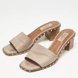 Valentino Beige Leather Rockstud Slide Sandals Size 37.5