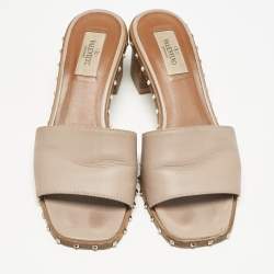 Valentino Beige Leather Rockstud Slide Sandals Size 37.5