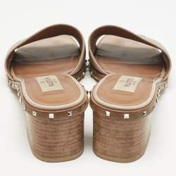 Valentino Beige Leather Rockstud Slide Sandals Size 37.5