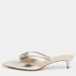 Valentino Gold Leather Crystal Embellished VLogo Mules Size 38.5