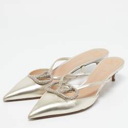 Valentino Gold Leather Crystal Embellished VLogo Mules Size 38.5
