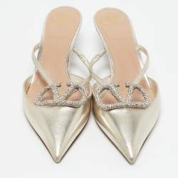 Valentino Gold Leather Crystal Embellished VLogo Mules Size 38.5