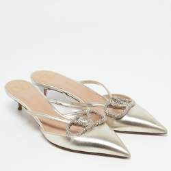 Valentino Gold Leather Crystal Embellished VLogo Mules Size 38.5