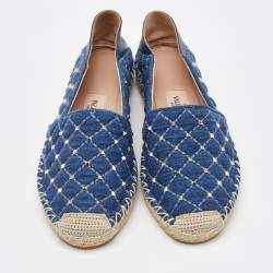 Valentino Blue Quilted Denim Rockstud Slip On Espadrille Flats Size 35