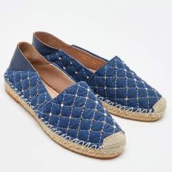 Valentino Blue Quilted Denim Rockstud Slip On Espadrille Flats Size 35
