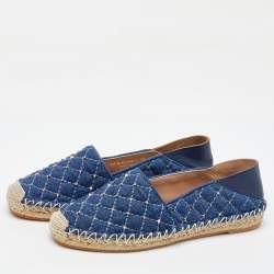 Valentino Blue Quilted Denim Rockstud Slip On Espadrille Flats Size 35