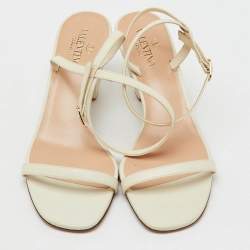 Pre Owned Valentino White Leather VLogo Heel Ankle Strap Sandals Size 37