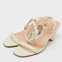 Pre Owned Valentino White Leather VLogo Heel Ankle Strap Sandals Size 37