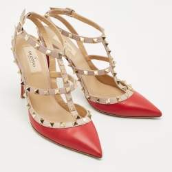 Valentino Red/Beige Leather Rockstud Caged Ankle Strap Pumps Size 39.5