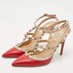 Valentino Red/Beige Leather Rockstud Caged Ankle Strap Pumps Size 39.5