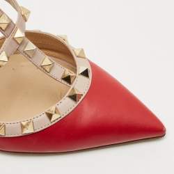 Valentino Red/Beige Leather Rockstud Caged Ankle Strap Pumps Size 39.5