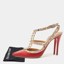 Valentino Red/Beige Leather Rockstud Caged Ankle Strap Pumps Size 39.5
