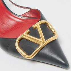 Valentino Black Leather Escape V logo Slingback Pumps Size 40