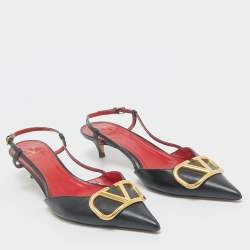 Valentino Black Leather Escape V logo Slingback Pumps Size 40