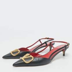 Valentino Black Leather Escape V logo Slingback Pumps Size 40