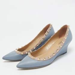 Valentino Blue  Leather Rockstud Pointed Toe Wedge Pumps Size 37.5
