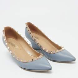 Valentino Blue  Leather Rockstud Pointed Toe Wedge Pumps Size 37.5