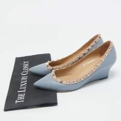 Valentino Blue  Leather Rockstud Pointed Toe Wedge Pumps Size 37.5