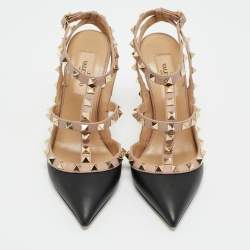 Valentino Black/Beige Leather Rockstud Ankle Strap Pumps Size 35
