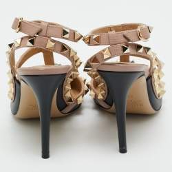 Valentino Black/Beige Leather Rockstud Ankle Strap Pumps Size 35