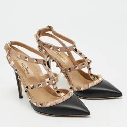 Valentino Black/Beige Leather Rockstud Ankle Strap Pumps Size 35