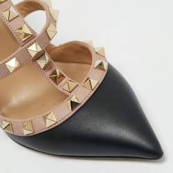 Valentino Black/Beige Leather Rockstud Ankle Strap Pumps Size 35