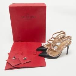 Valentino Black/Beige Leather Rockstud Ankle Strap Pumps Size 35