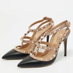 Valentino Black/Beige Leather Rockstud Ankle Strap Pumps Size 35