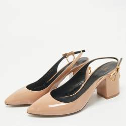 Valentino Beige Patent Leather Pointed Toe Block Heel Slingback Sandals Size 37.5