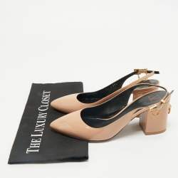 Valentino Beige Patent Leather Pointed Toe Block Heel Slingback Sandals Size 37.5