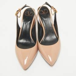 Valentino Beige Patent Leather Pointed Toe Block Heel Slingback Sandals Size 37.5