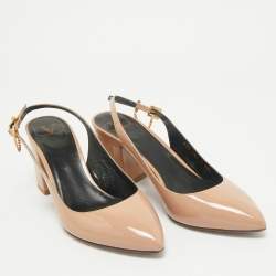 Valentino Beige Patent Leather Pointed Toe Block Heel Slingback Sandals Size 37.5