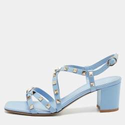 Valentino Light Blue Leather Rockstud Crisscross Ankle Strap Sandals Size 39