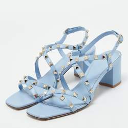 Valentino Light Blue Leather Rockstud Crisscross Ankle Strap Sandals Size 39