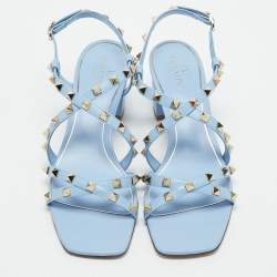 Valentino Light Blue Leather Rockstud Crisscross Ankle Strap Sandals Size 39