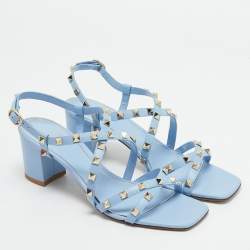 Valentino Light Blue Leather Rockstud Crisscross Ankle Strap Sandals Size 39