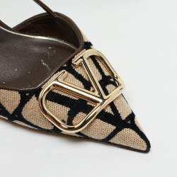 Valentino Brown Iconographe Canvas and Leather VLogo Slingback Pumps Size 39.5