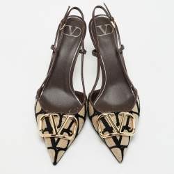 Valentino Brown Iconographe Canvas and Leather VLogo Slingback Pumps Size 39.5